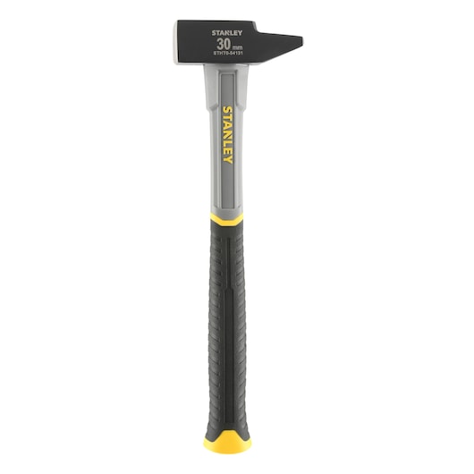 Photo of STANLEY STHT0-54131 30mm black and grey hammer with yellow accents, front angle, white background.