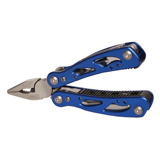 Photo of STANLEY STHT0-70648 blue multi-tool pliers, angled on white background, metal and blue handles.
