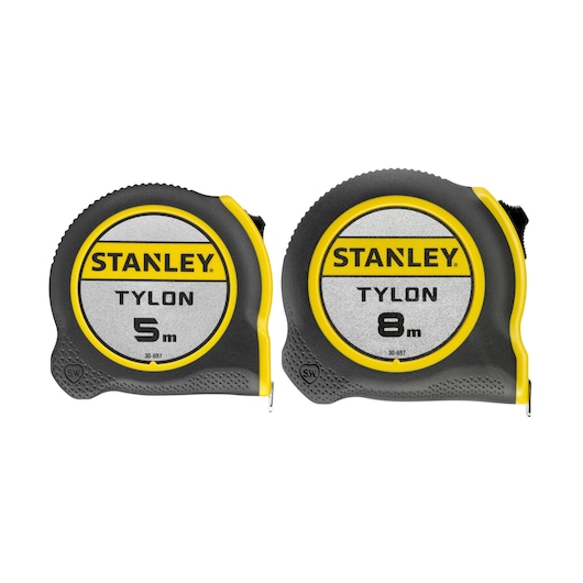 STANLEY STHT0-74260 tape measures, 5m and 8m, black and yellow, front view on white background.