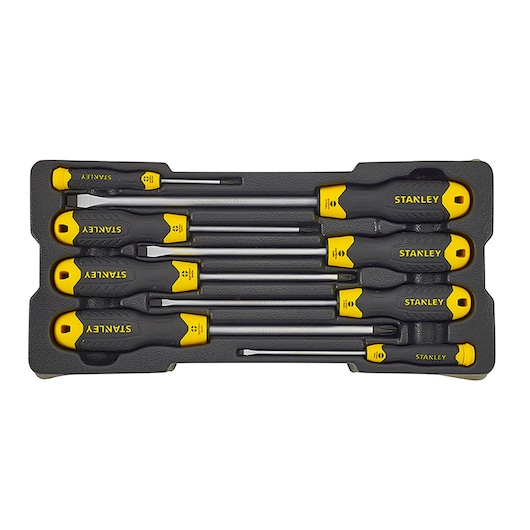 STANLEY STHT0-80442 screwdriver set, six grey and yellow tools in tray, top view.