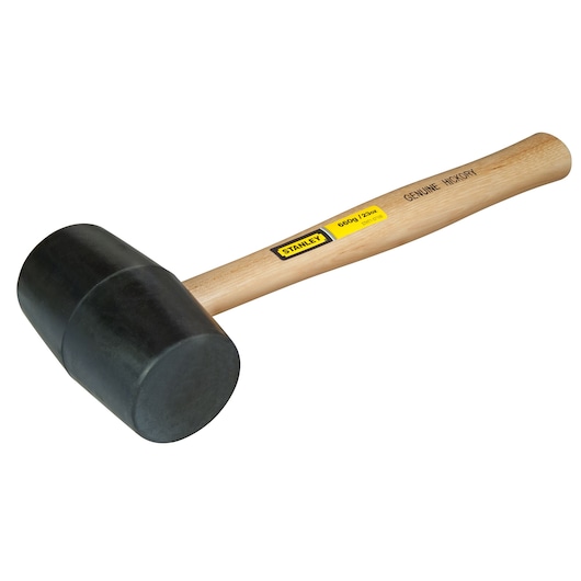 Stanley STHT1-57100 black rubber mallet with wooden handle, side angle, photography product.