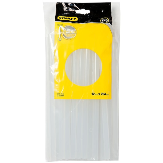 Photo of STANLEY STHT1-70431 clear glue sticks, 12mm x 254mm, pack of adhesive sticks in plastic bag, front view.