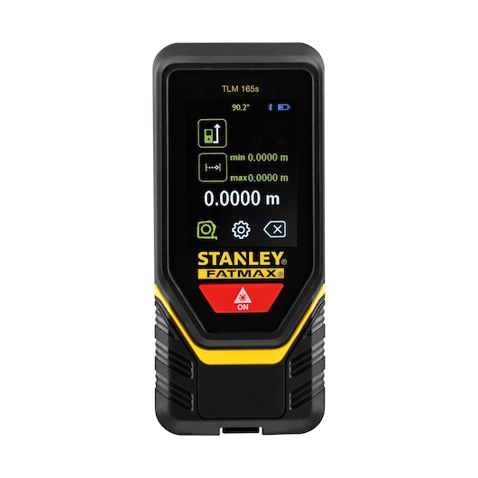 Photo of STANLEY STHT1-77139 laser distance measurer, front angle, black and yellow design with digital display.