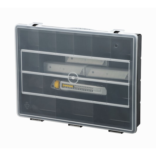 STANLEY STHT10018-9 utility knife and blades in clear plastic storage case, front angle, tool organizer.