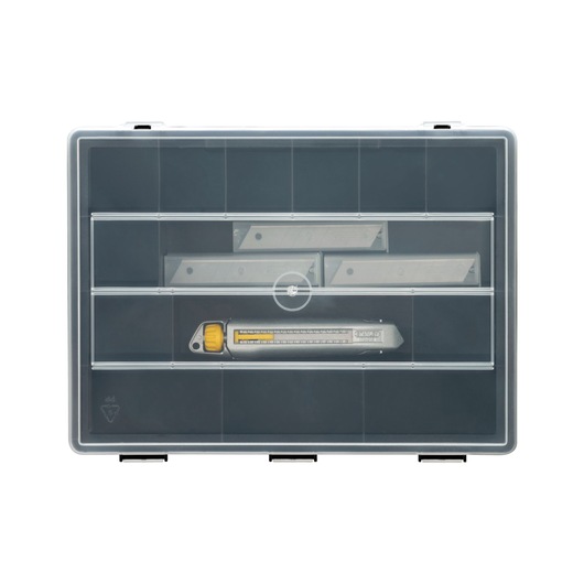 STANLEY STHT10018-9 utility knife set in clear plastic storage box, top view, photography product category