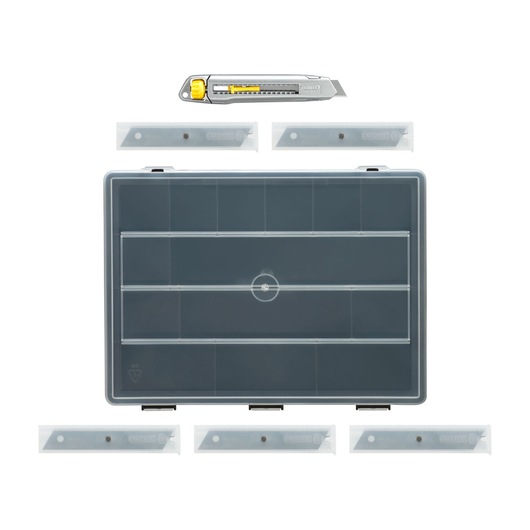 STANLEY STHT10018-9 utility knife set with six replacement blades and storage box, top view, white background.