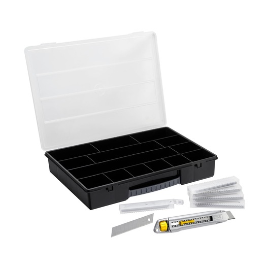 STANLEY STHT10018-9 utility knife with yellow slider and blade set, black organizer box, front angle