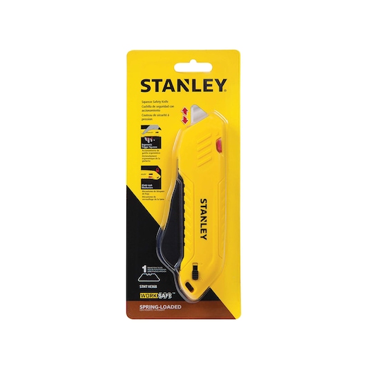 Stanley STHT10368 squeeze safety knife in yellow, spring-loaded, retail packaging, front angle.
