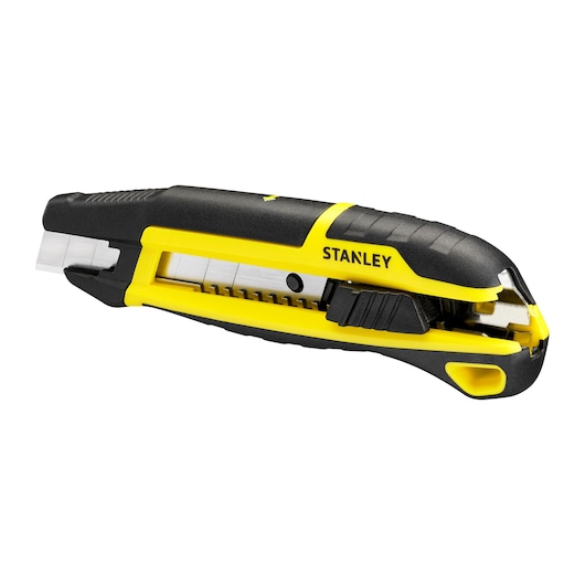 Stanley STHT10501-0 utility knife, yellow and black handle, side angle photo on white background.