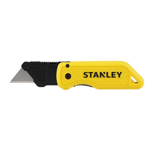 STANLEY STHT10520-0 utility knife with yellow textured handle and black blade, side view on white background.