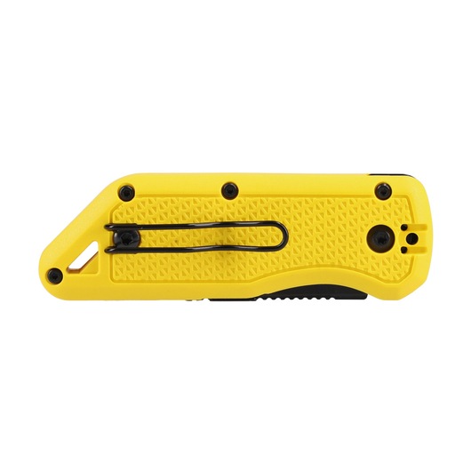 STANLEY STHT10520-0 yellow folding utility knife, side view, featuring textured grip and black pocket clip.