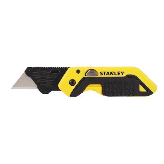 Photo of STANLEY STHT10521-0 utility knife with yellow and black handle, side view, blade extended.