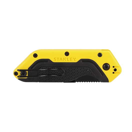Photo of STANLEY STHT10521-0 folding utility knife, yellow and black, side view, compact with belt clip.