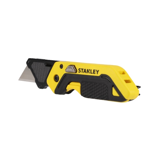 STANLEY STHT10521-0 folding utility knife with yellow and black handle, right side angle on white background.