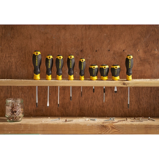 Photo of STANLEY STHT16155-0 screwdriver set with black and yellow handles on a wooden shelf.