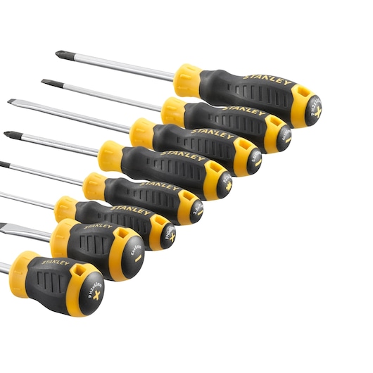 STANLEY STHT16167-0 screwdriver set, black and yellow handles, photography, angled on white background.