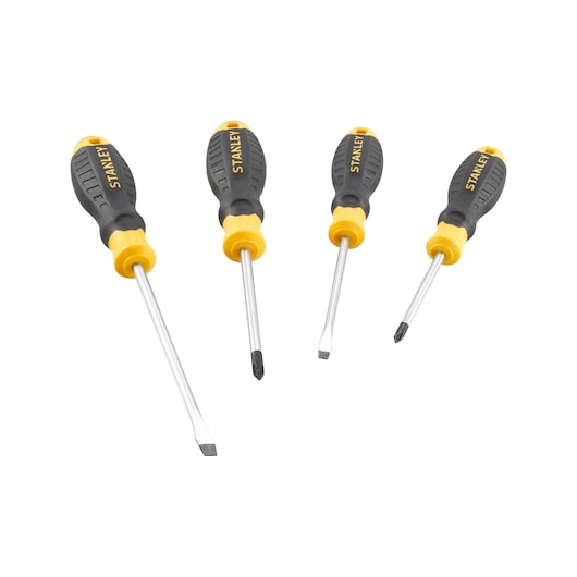 STANLEY STHT16169-0 screwdriver set with black and yellow handles, front angle on white background.