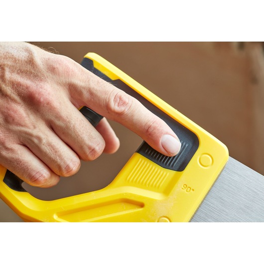STANLEY STHT20350-1 hand saw handle detail, yellow and black plastic grip, close-up photography