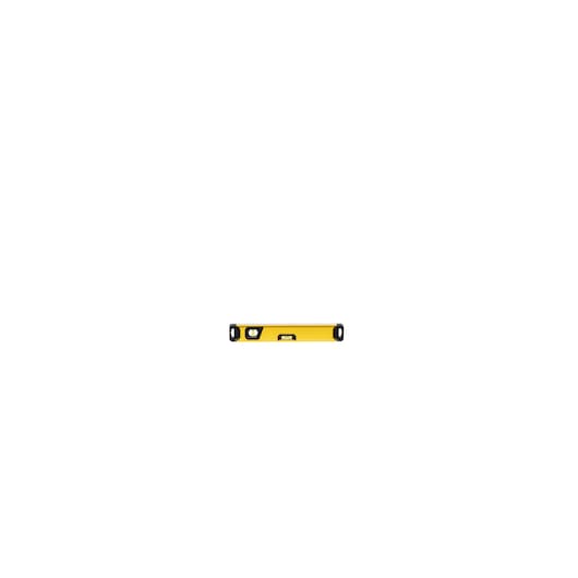 A yellow spirit level tool with black ends and two bubble vials, placed against a white background.