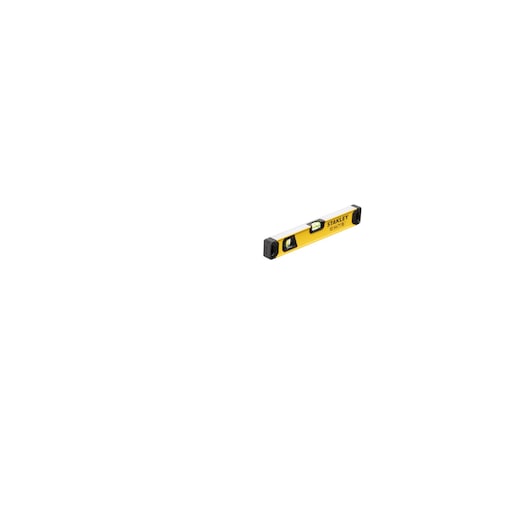 A yellow Stanley spirit level with black end caps and a central bubble vial, used for measuring horizontal and vertical alignment.