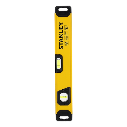 A yellow Stanley spirit level with black end caps and visible vials for horizontal and vertical leveling.