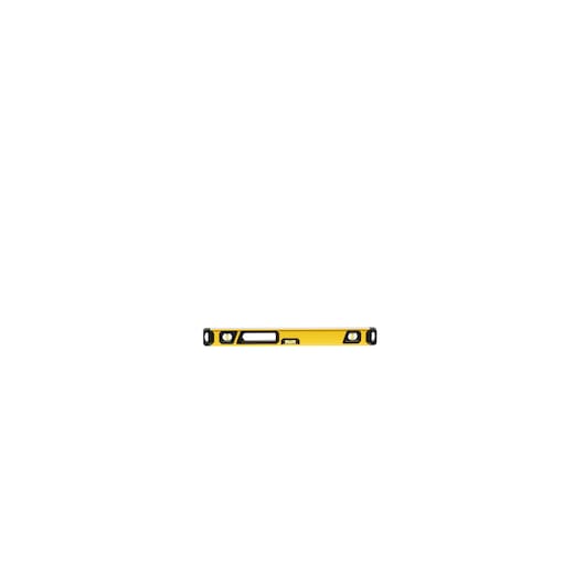 A yellow and black spirit level tool with three vials, used for measuring horizontal and vertical alignment.