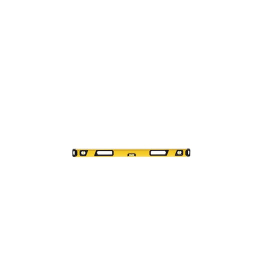 A yellow and black spirit level tool, used for measuring and ensuring surfaces are level, shown against a white background.