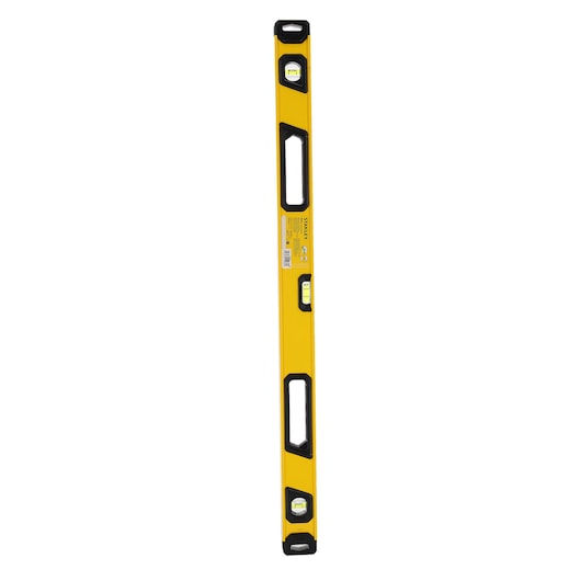 A yellow STANLEY spirit level with three bubble vials and black accents, featuring two hand grips for easy use.