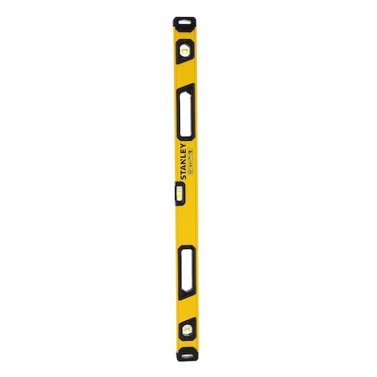 A yellow STANLEY spirit level with three vials and cut-out handles, designed for precise measurements and alignment tasks.