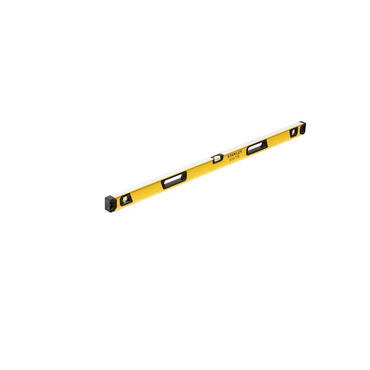 A yellow and black spirit level tool, rectangular in shape, with three bubble vials, designed for measuring horizontal and vertical alignment.