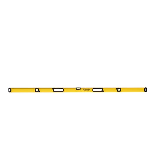 A yellow STANLEY spirit level with multiple viewing windows and black edging, shown horizontally against a white background.