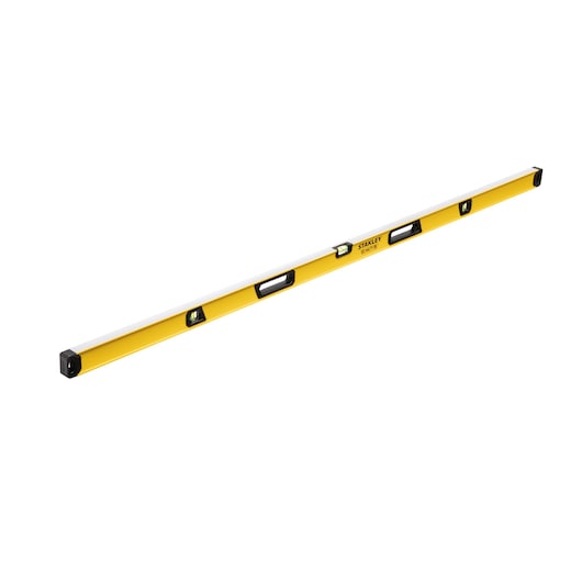 A yellow and silver Stanley spirit level with black end caps, featuring multiple vials for measuring horizontal and vertical alignment.