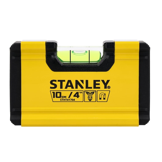 Stanley STHT41704-0 yellow and black pocket level, front angle, with bubble vial, photography product.