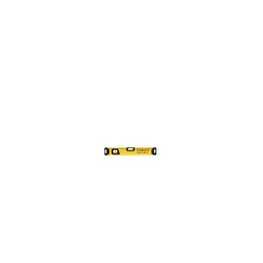 A yellow STANLEY spirit level with black end caps and two bubble vials, shown against a white background.