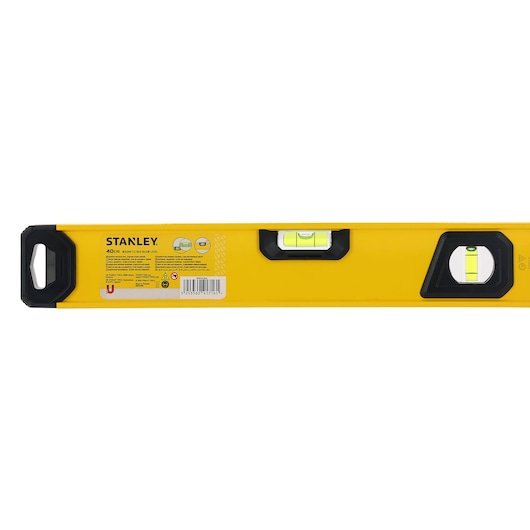 A yellow STANLEY magnetic box spirit level with three bubble vials, black end caps, and product information label visible. The level is 40 cm long.