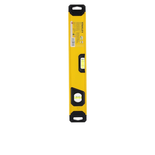 A yellow Stanley spirit level with three vials, black end caps, and a barcode label, shown vertically against a white background.