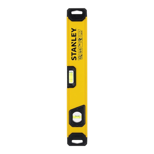 A yellow STANLEY spirit level tool with two bubble vials, black end caps, and measurement markings on the side.