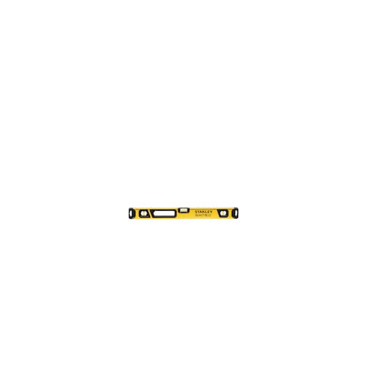 A yellow and black STANLEY spirit level with three vials, designed for measuring the level or plumb of surfaces.