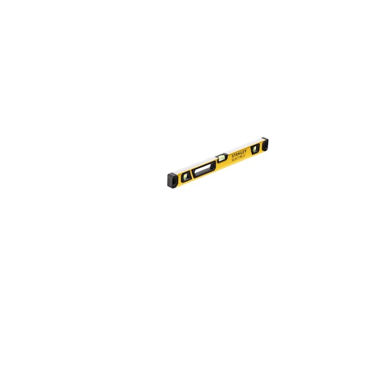 A yellow STANLEY spirit level tool with three vials, black plastic end caps, and a central handle grip, designed for measuring horizontal and vertical surfaces.