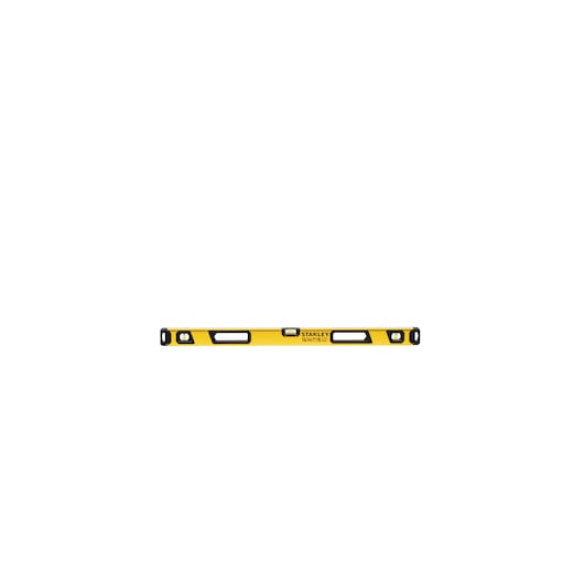 A yellow STANLEY spirit level tool with black accents and three vials for measuring horizontal and vertical alignment.