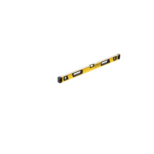 A yellow and black STANLEY spirit level with three vials, shown on a white background.