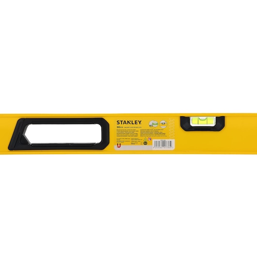 A close-up image of a yellow STANLEY magnetic box level, 90 cm in length, featuring a clear horizontal vial, handle, and product label in the center.