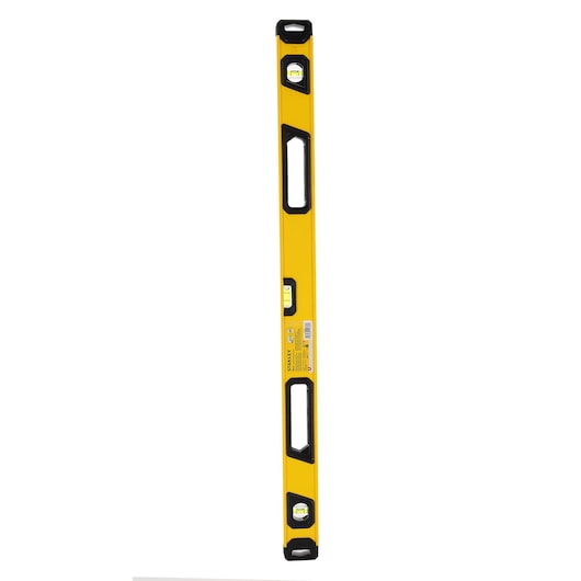 A yellow Stanley spirit level with three bubble vials and two black handles, used for measuring horizontal and vertical alignment.