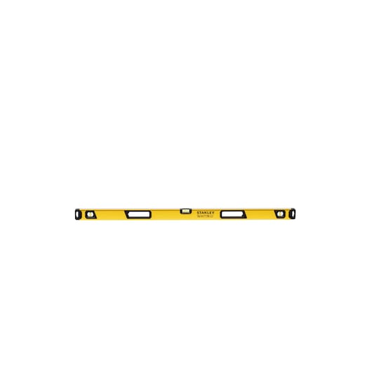 A yellow STANLEY spirit level with black accents, featuring multiple bubble vials and sturdy hand grips, shown on a white background.