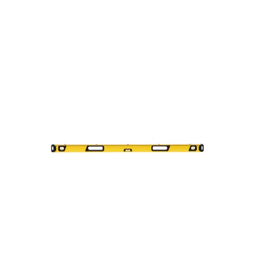 A yellow spirit level tool with three vials, designed for measuring horizontal and vertical alignment.