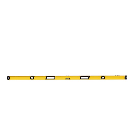 A yellow spirit level tool with multiple viewing windows and black edges, placed horizontally against a white background.