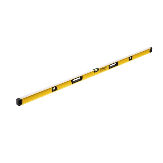A yellow and silver Stanley spirit level with three bubble vials and black end caps, used for checking horizontal and vertical alignment.