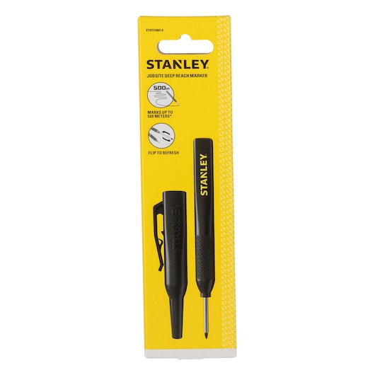 Stanley jobsite deep reach marker in black, packaged on a yellow card, suitable for marking up to 500 meters.