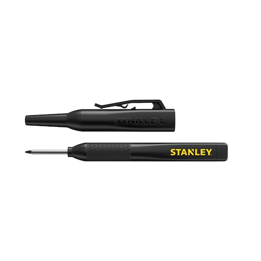 STANLEY STHT47003-0 black marking pen with clip, cap off to show fine tip, flat lay on white background.