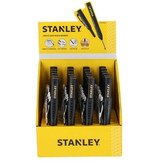Stanley jobsite deep reach marker display box with multiple markers. Yellow and black branding.